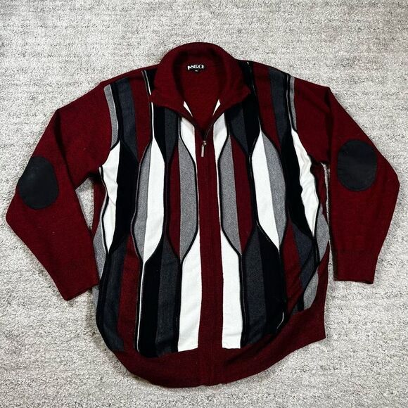 Vintage 90s Inserch 3D Textured Knit Zip Up Red Congo Style Sweater - Picture 1 of 7